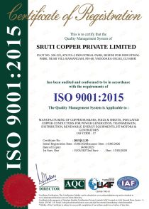 Company-supplied ISO 9001:2015 registration certificate for Sruti Copper Private Limited